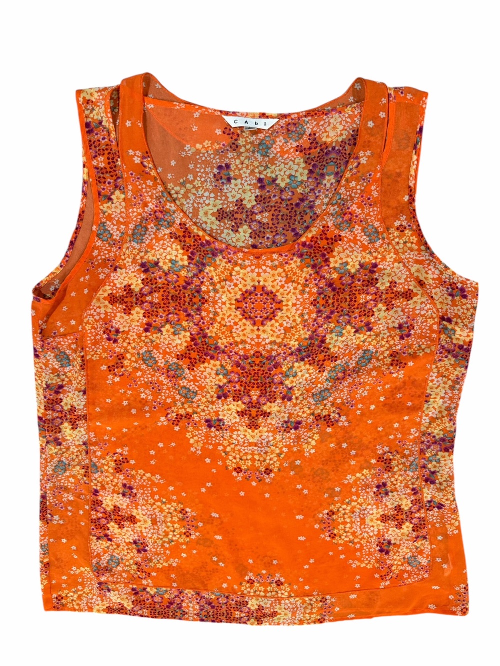Cabi Floral Split Shoulder Blouse Size Large Orange Boho Tunic Top
